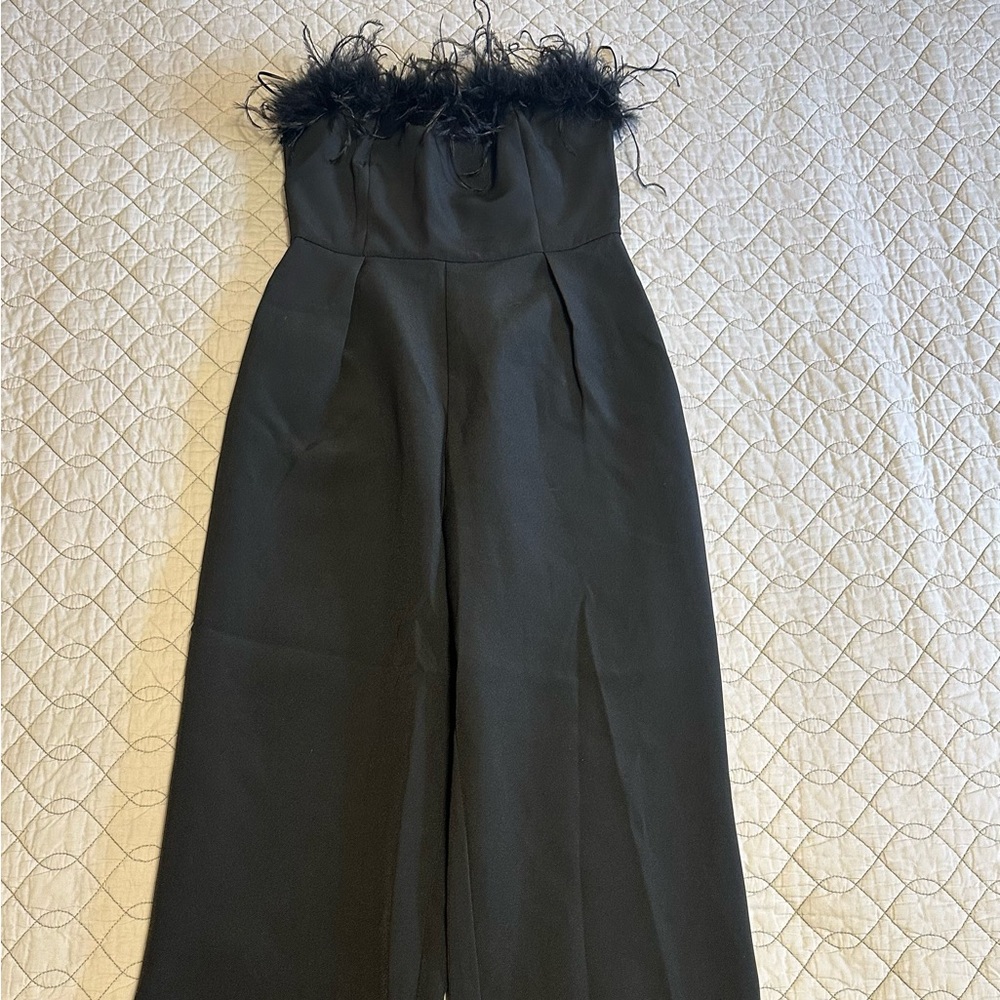 Strapless black feather embellishment jumpsuit